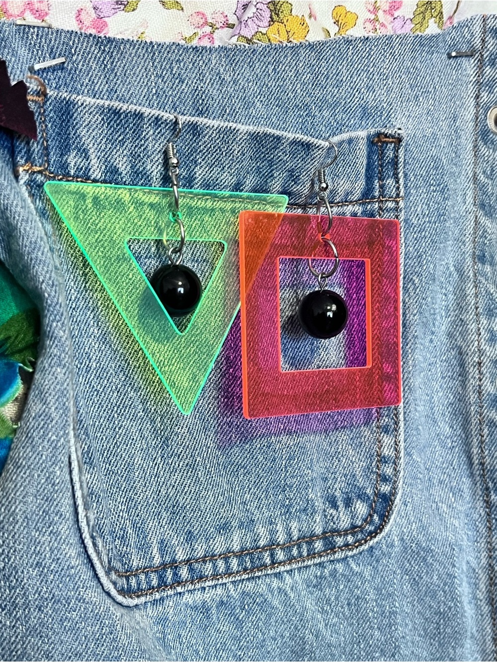 Neon Geometric Drop Earrings – Green & Pink